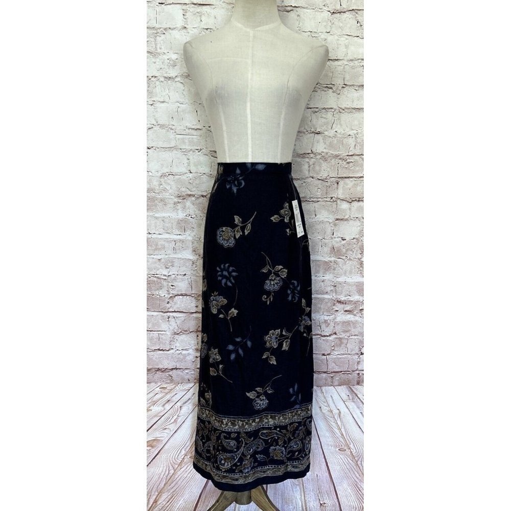 Jaclyn Smith Midi Skirt Size 12 NEW Long Navy Floral Paisley Rayon Cottagecore